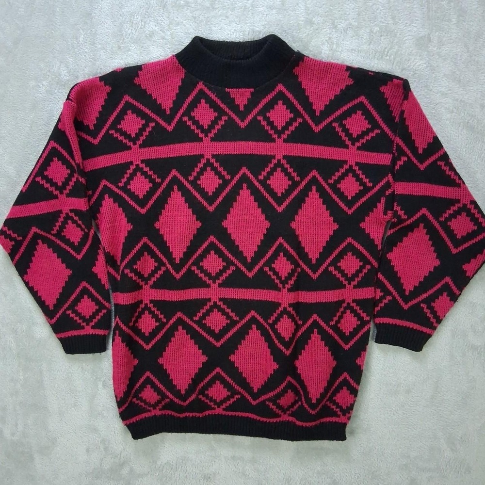 Bears Crossing Vintage Southwestern Knit Sweater Large Black Pink 90s USA Made